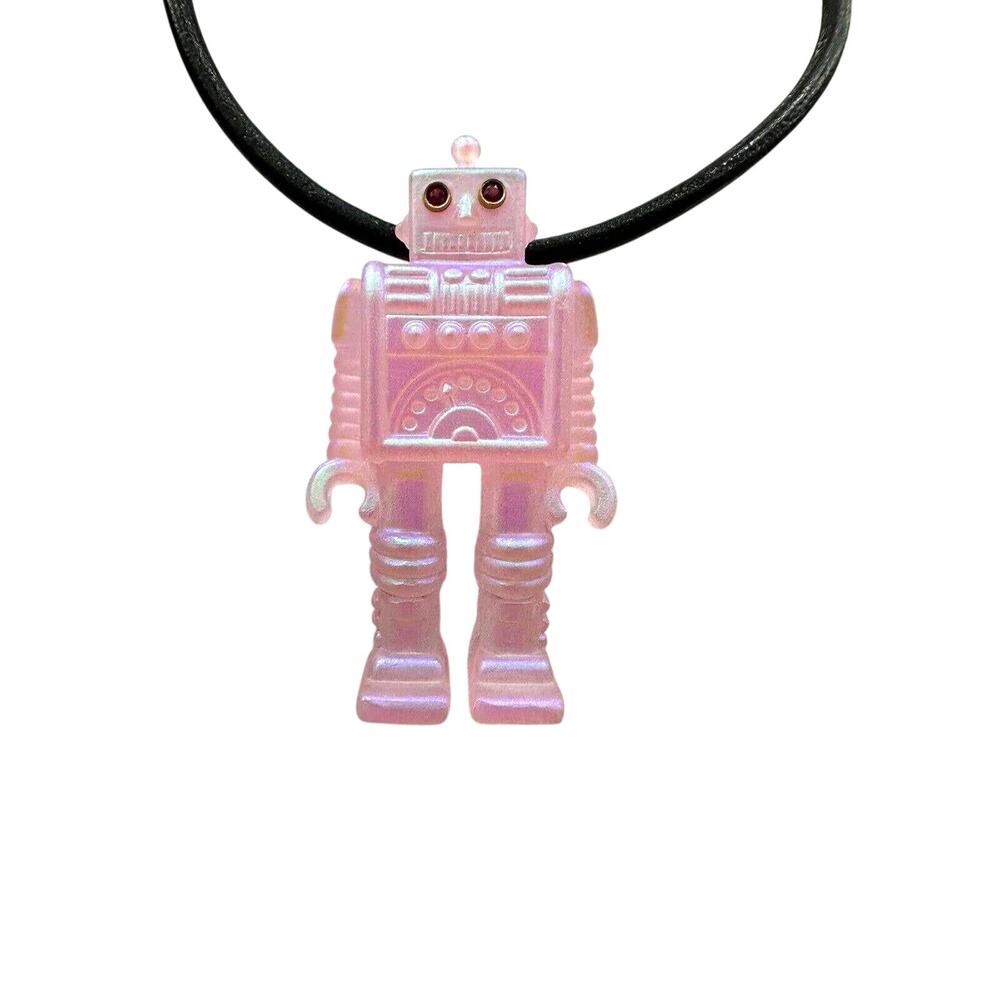 Robot Pendant Pâte De Verré Pink Glass Ruby Eyes In 14k by Gregory Burgard New
